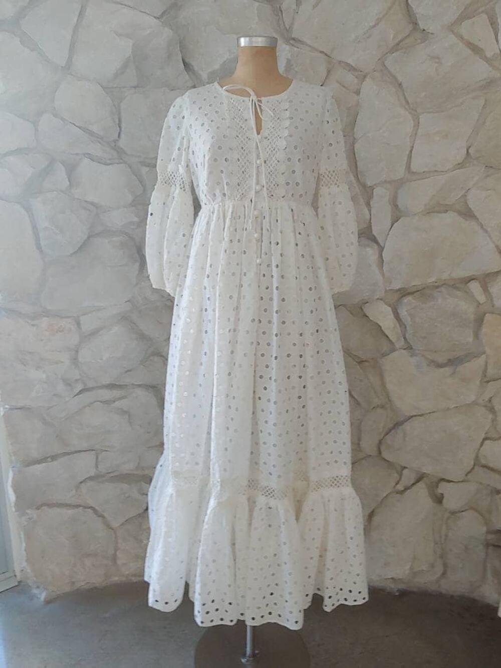1960s Vintage White Eyelet Maxi Dress Gown | Small to Medium